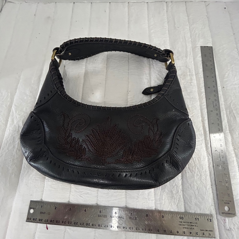 Cole Haan Black Pebbled Leather Embroidered Boho Hobo Shoulder Bag Whipstitch